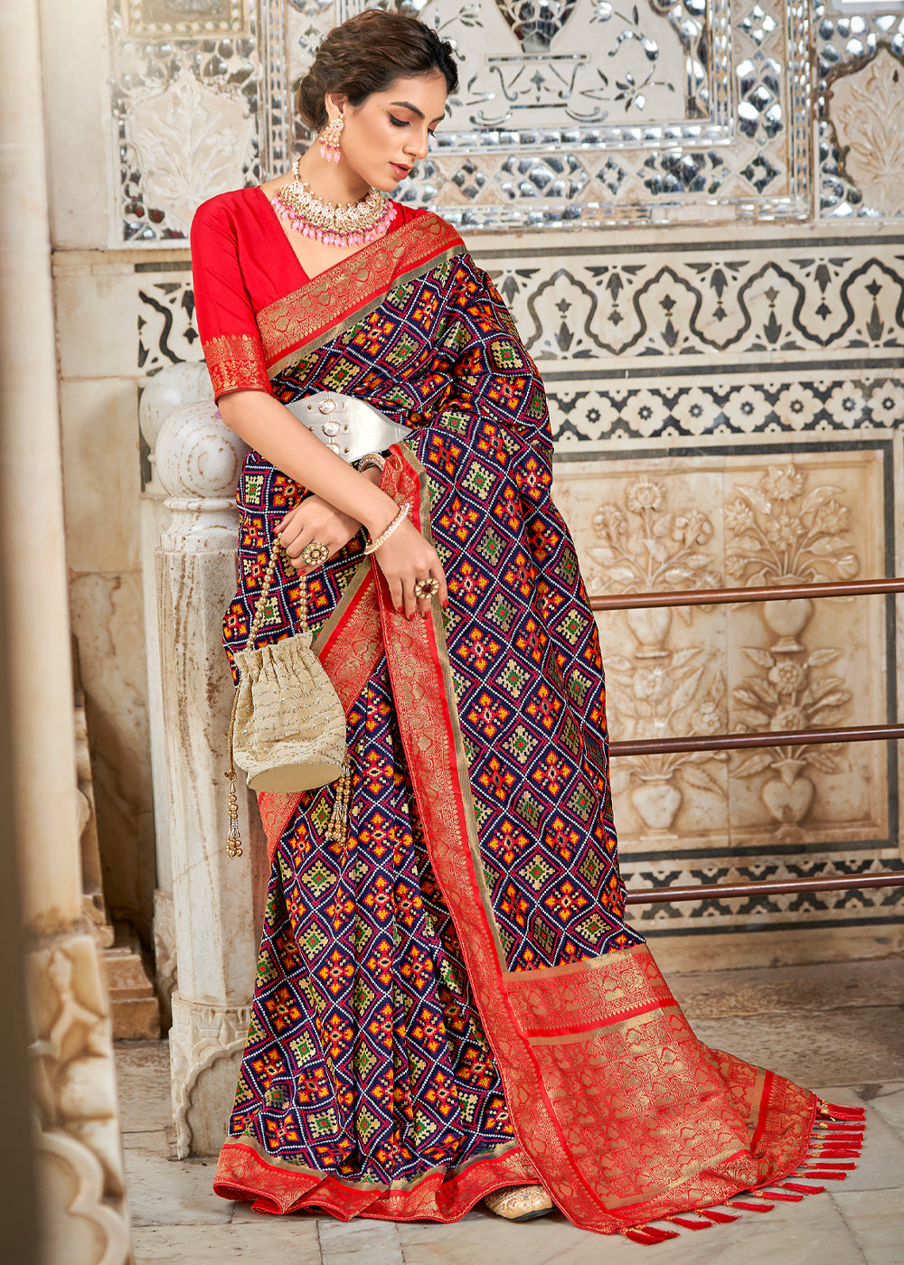 Buy MySilkLove Ship Blue and Red Zari Woven Patola Saree Online