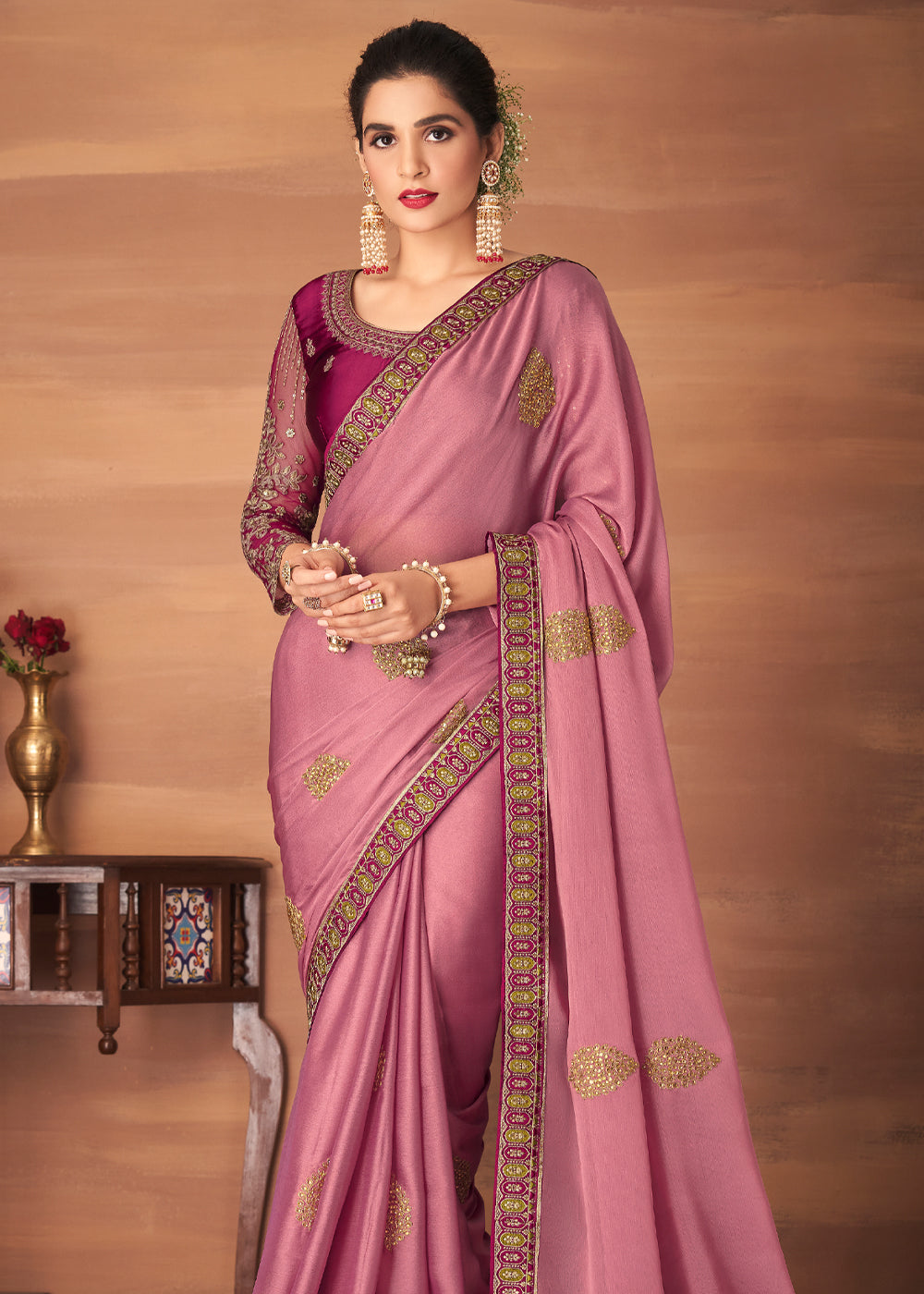 Buy MySilkLove Wewak Pink Designer Saree with Embroidered Blouse Online