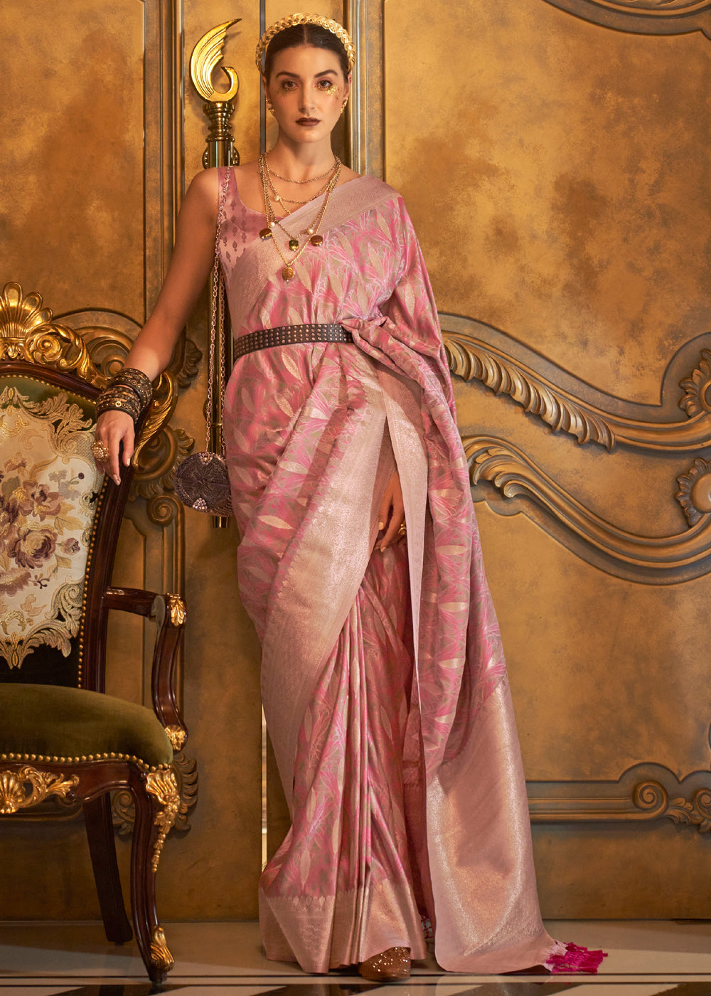 Buy MySilkLove Tumbleweed Pink Banarasi Satin Silk Saree Online