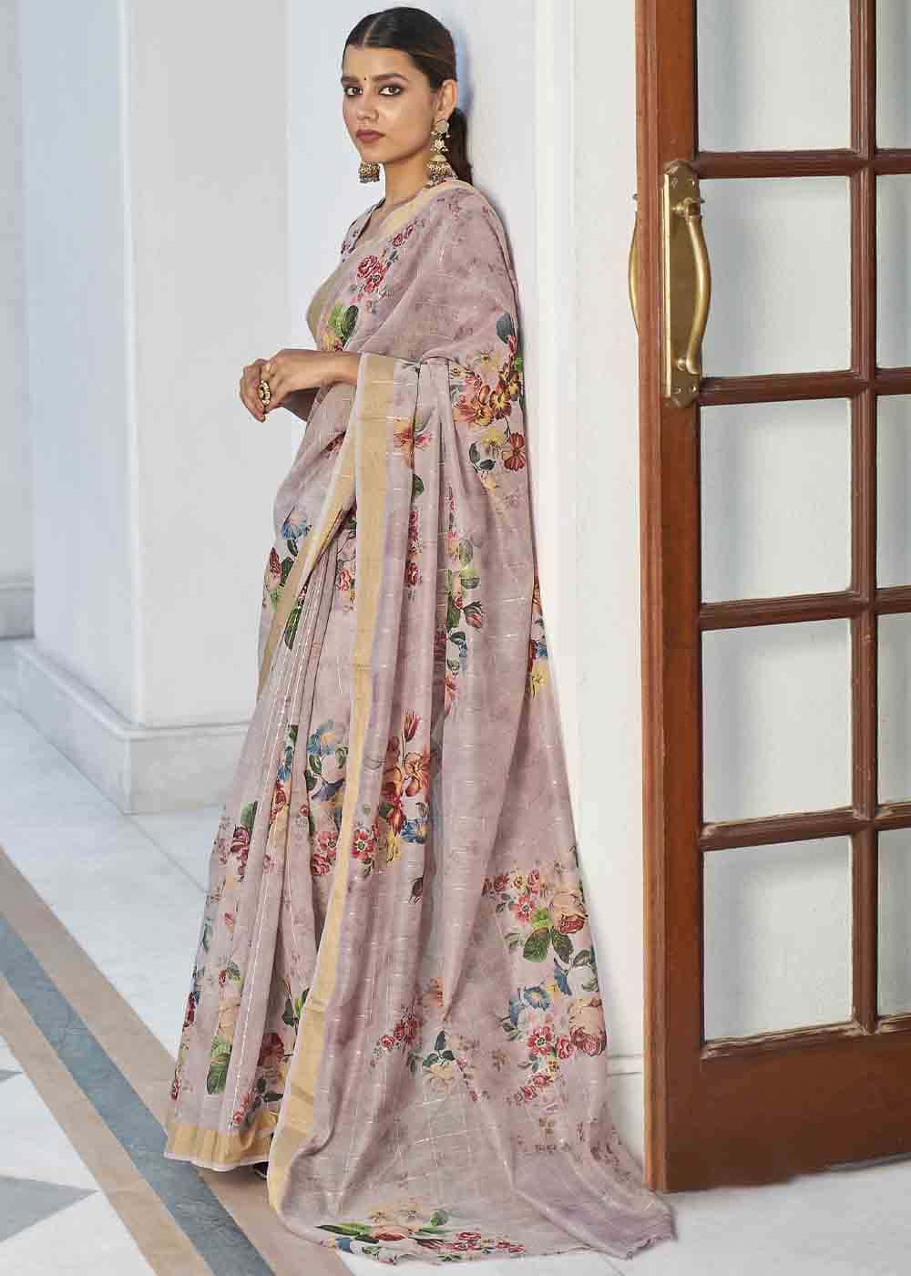 Buy MySilkLove Clam Purple Digital Floral Printed Saree Online