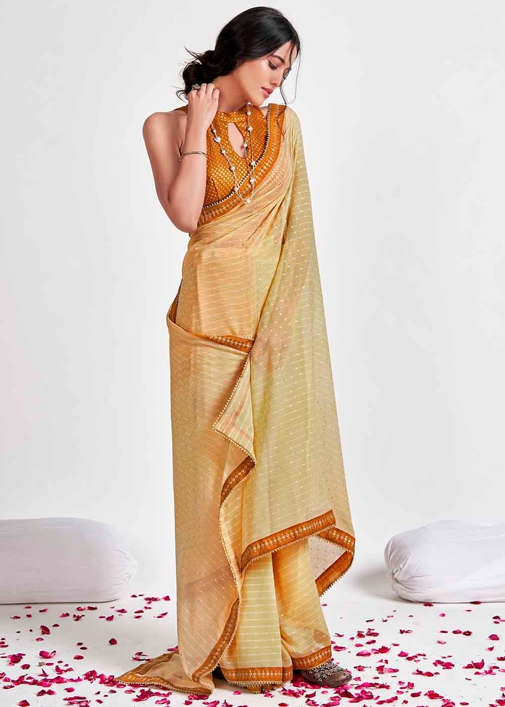 Buy MySilkLove Tan Yellow Printed Georgette Saree Online