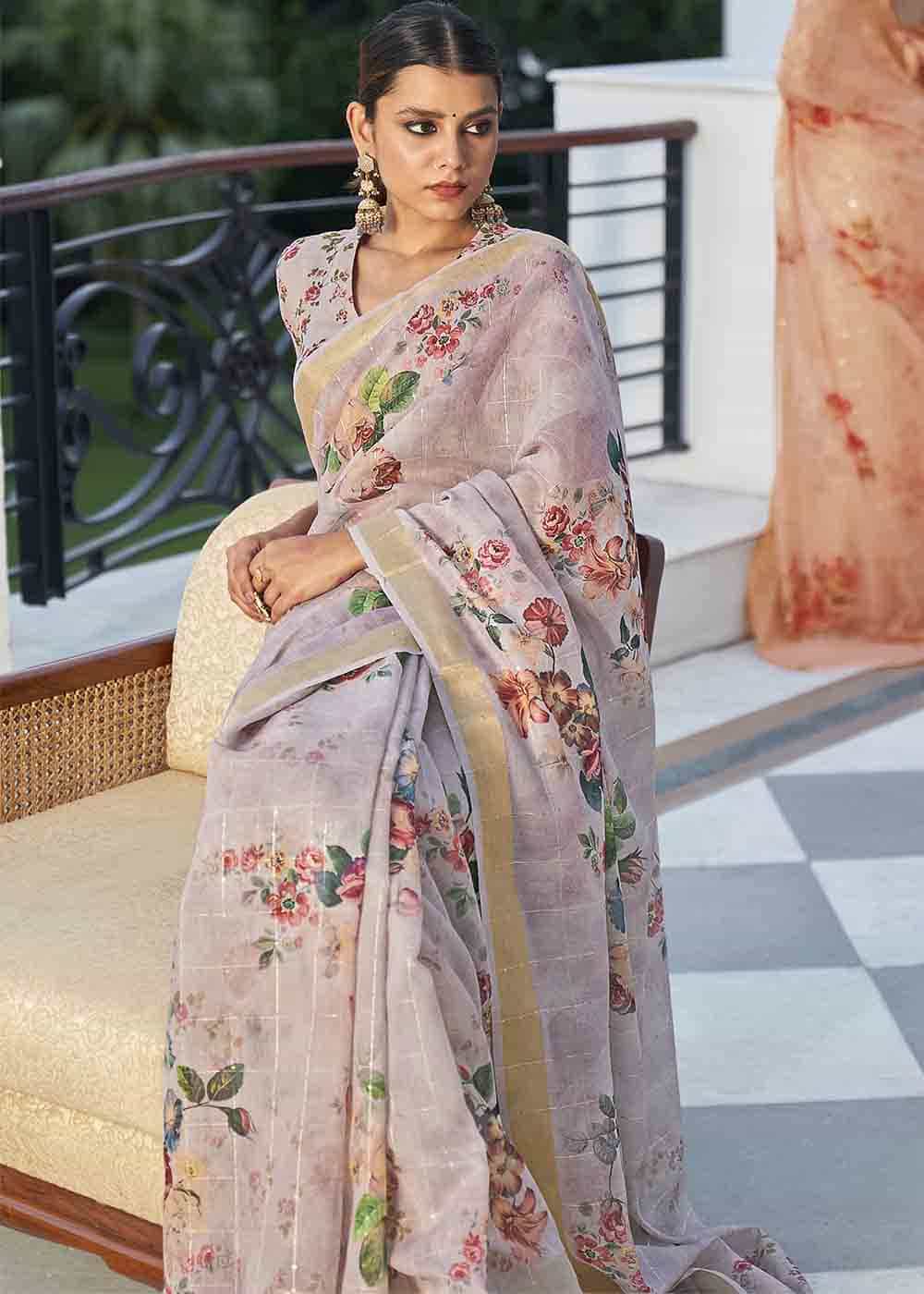 Buy MySilkLove Clam Purple Digital Floral Printed Saree Online