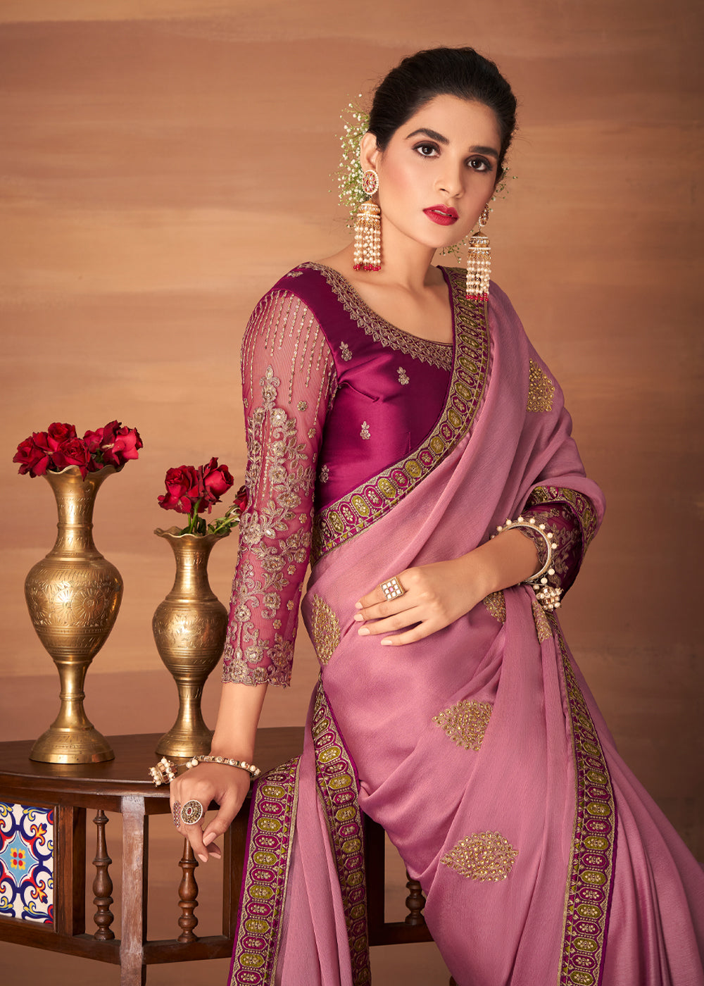 Buy MySilkLove Wewak Pink Designer Saree with Embroidered Blouse Online