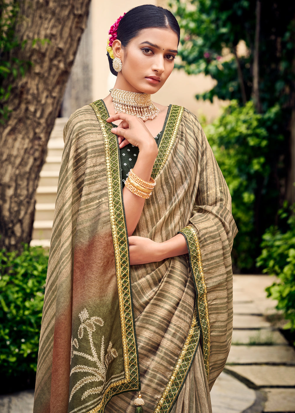 Buy MySilkLove Asparagus Green Digital Printed Lehriya Silk Saree Online