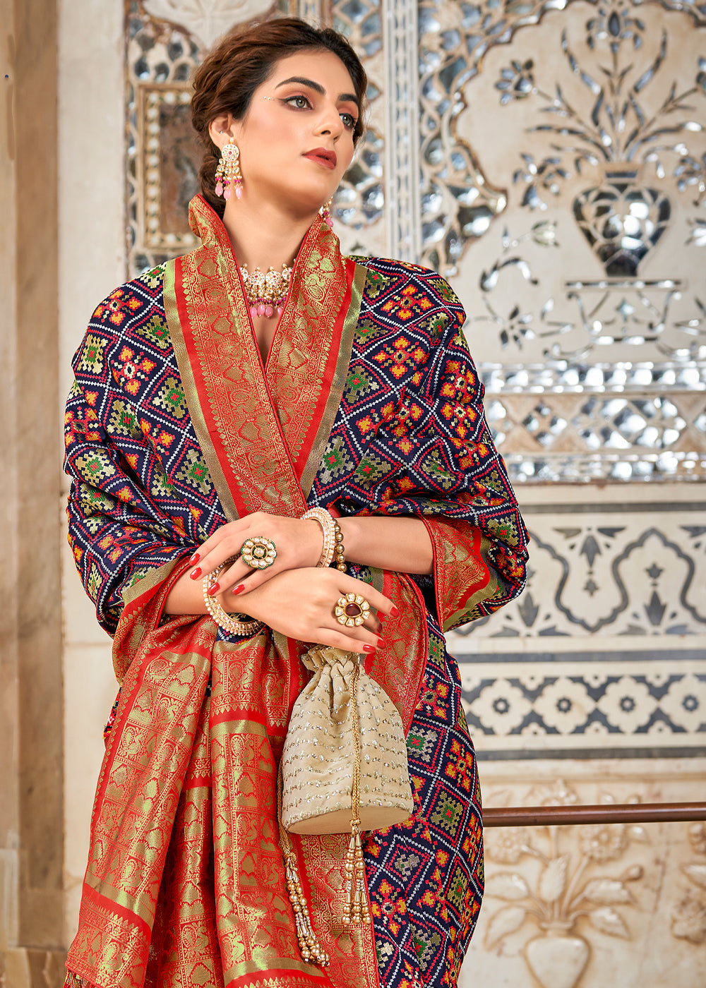 Buy MySilkLove Ship Blue and Red Zari Woven Patola Saree Online