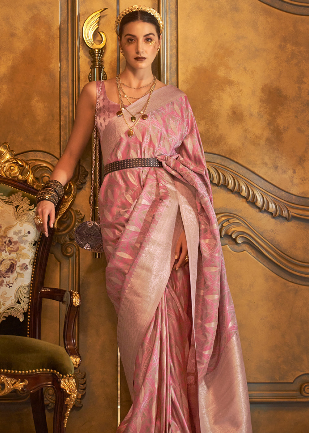 Buy MySilkLove Tumbleweed Pink Banarasi Satin Silk Saree Online