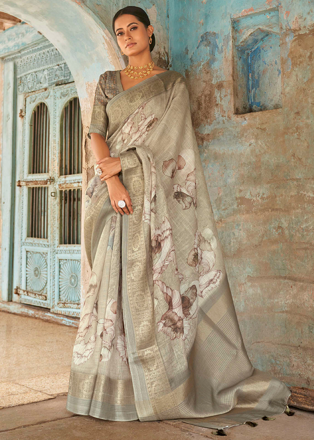Buy MySilkLove Mongoose Light Grey Floral Printed Linen Silk Saree Online