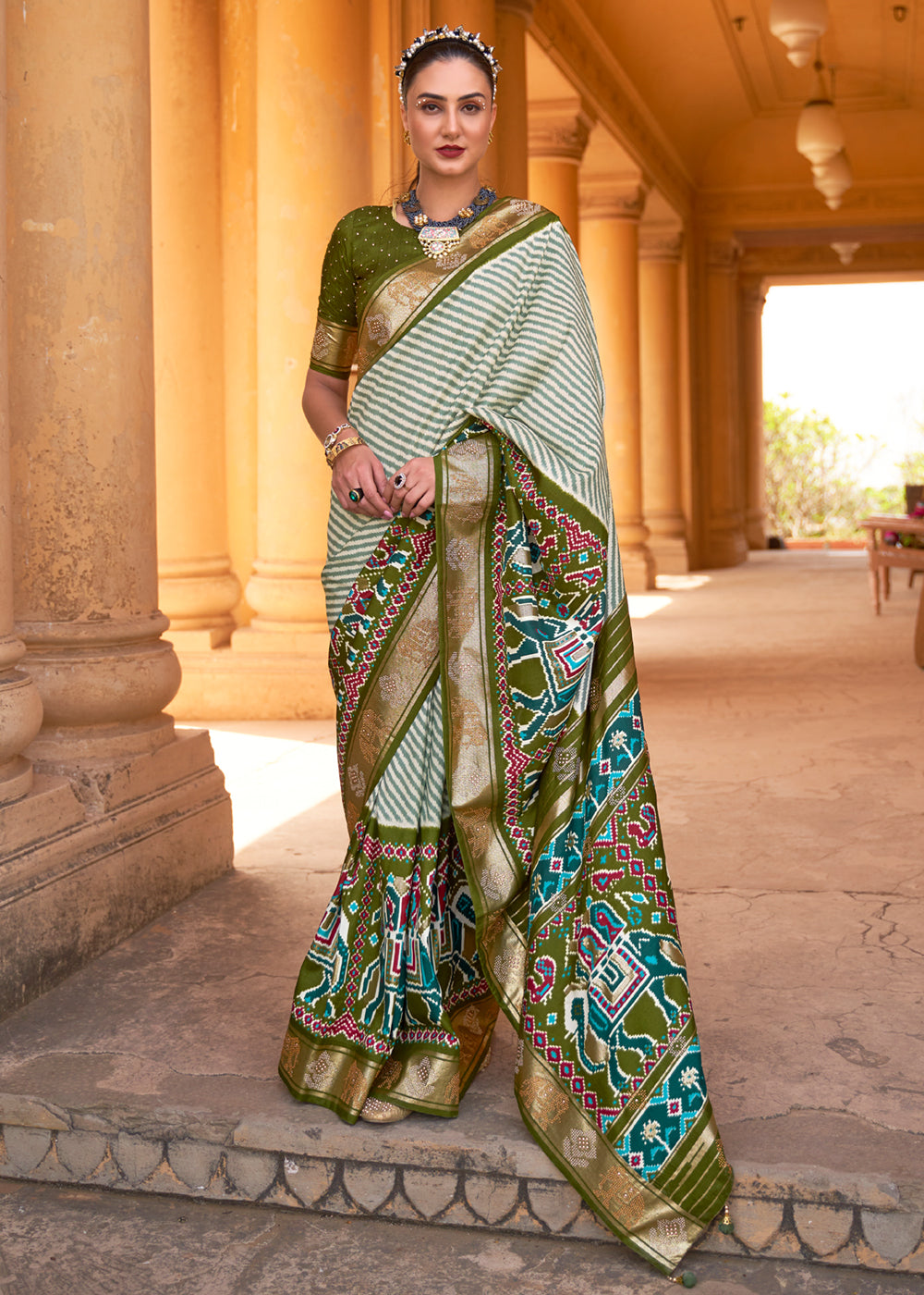 Buy MySilkLove West Coast White and Green Zari Woven Patola Saree Online