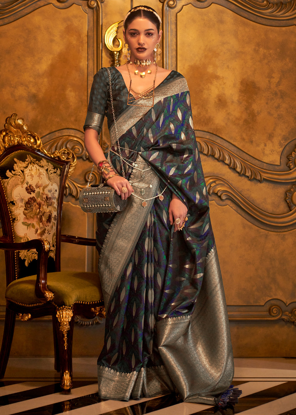 Buy MySilkLove Elm Blue Banarasi Satin Silk Saree Online