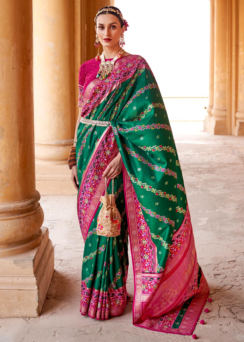 Buy MySilkLove Pine Green and Pink Printed Patola Saree Online