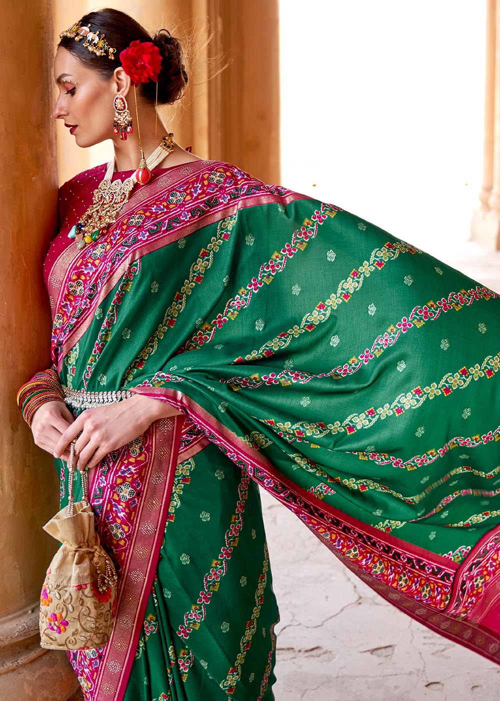 Buy MySilkLove Pine Green and Pink Printed Patola Saree Online