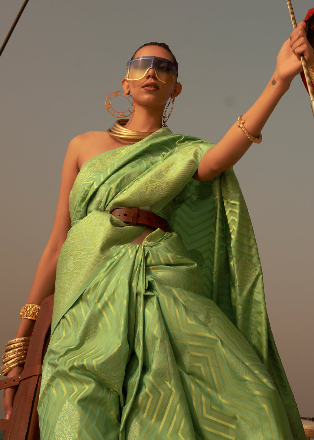 Buy MySilkLove Peridot Green Dual Tone Banarasi Satin Silk Saree Online