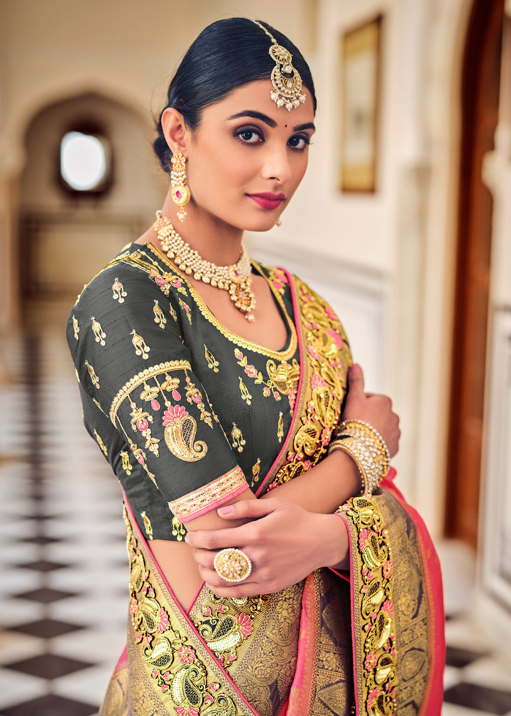 Buy MySilkLove Candy Pink and Grey Zari Woven Designer Banarasi Saree Online
