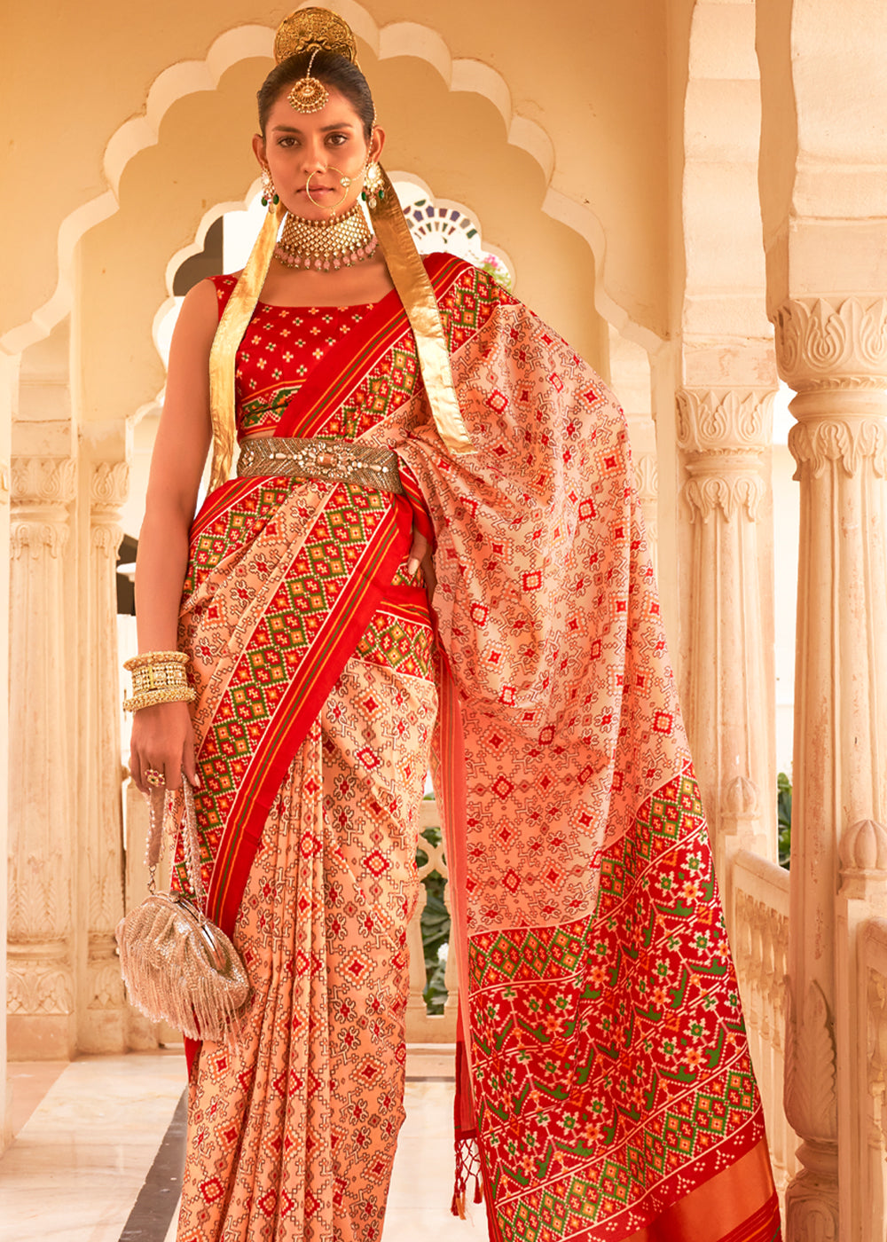 Buy MySilkLove Peach Off White and Red Printed Patola Tussar Saree Online