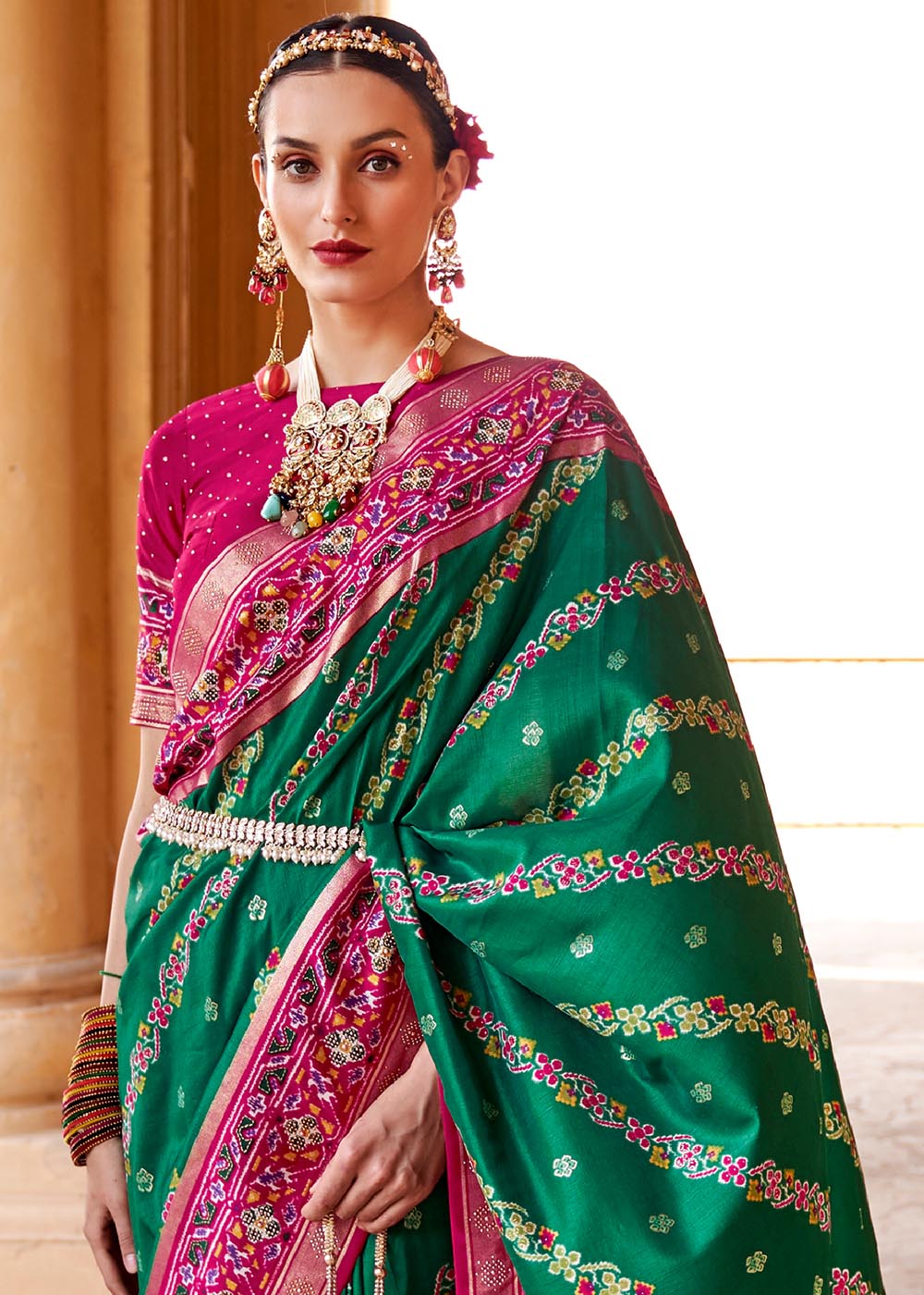 Buy MySilkLove Pine Green and Pink Printed Patola Saree Online