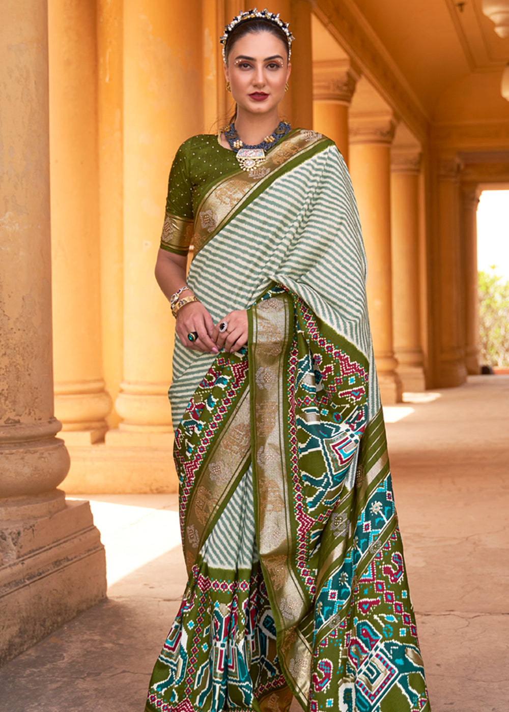 Buy MySilkLove West Coast White and Green Zari Woven Patola Saree Online