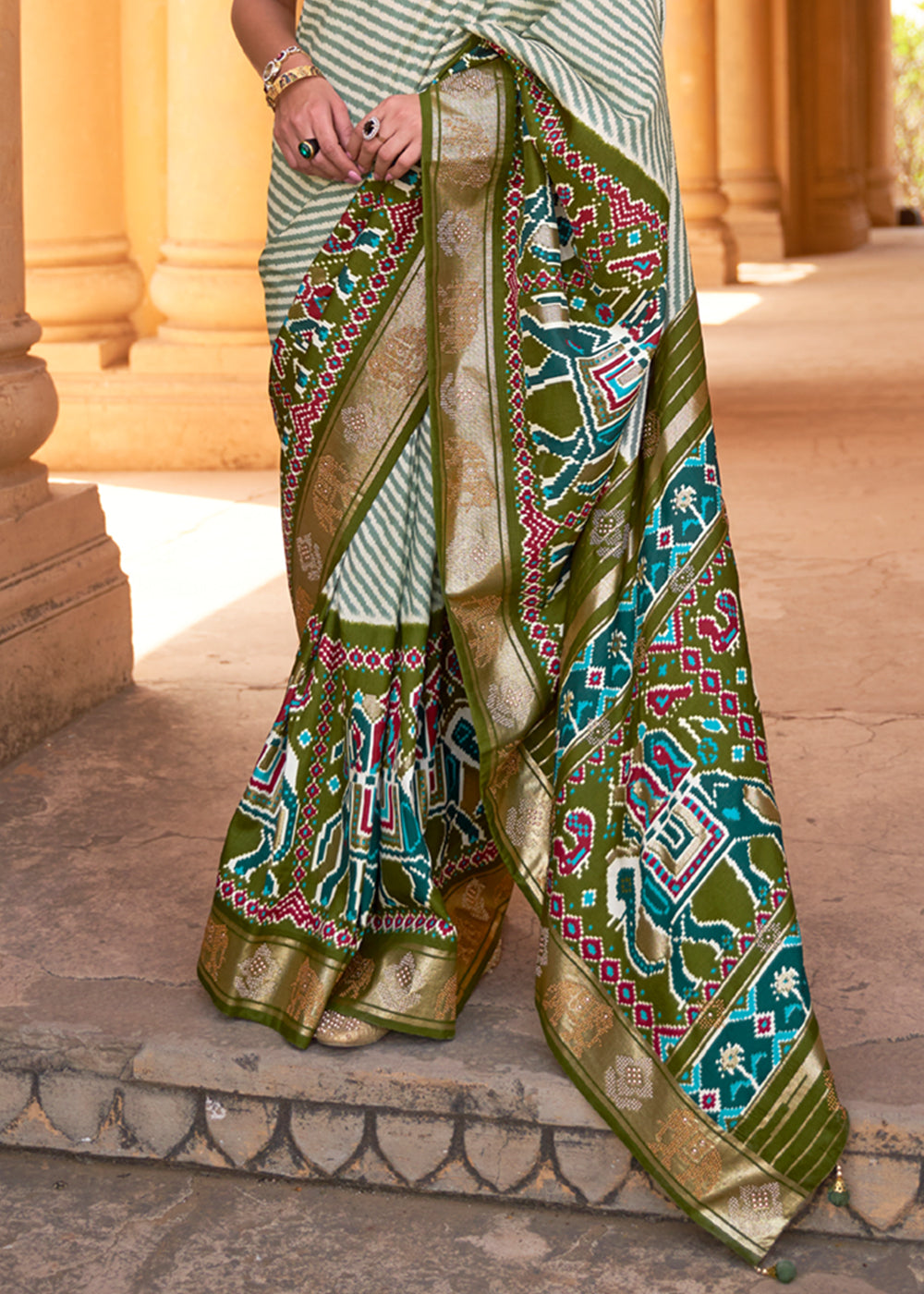 Buy MySilkLove West Coast White and Green Zari Woven Patola Saree Online