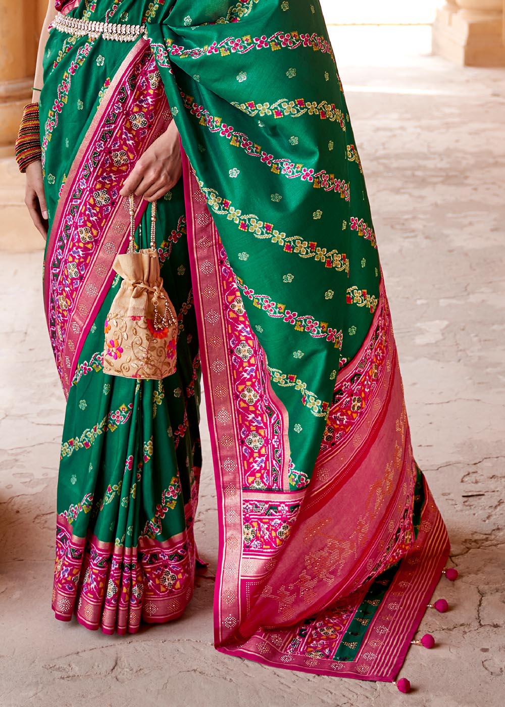 Buy MySilkLove Pine Green and Pink Printed Patola Saree Online