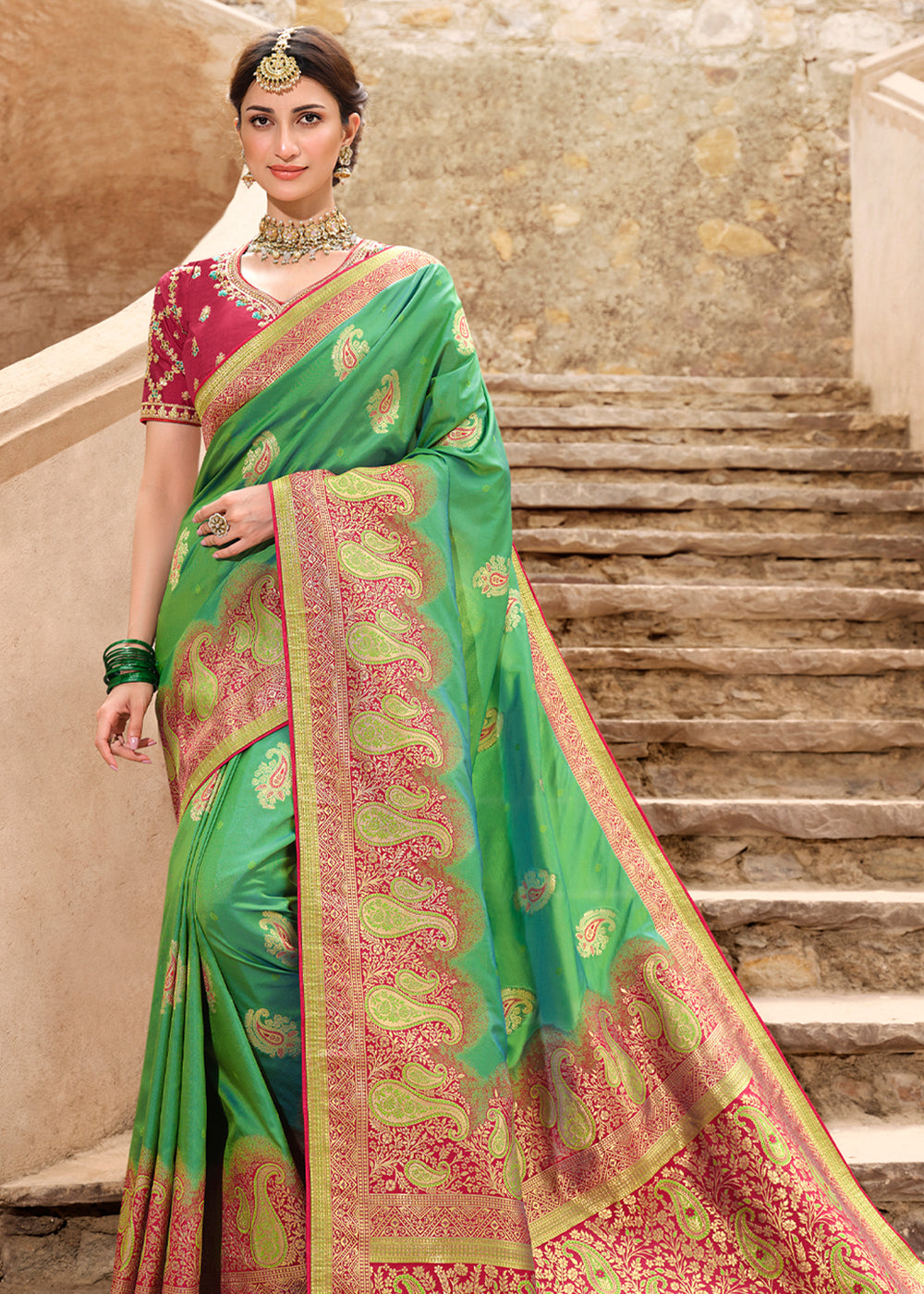 Buy MySilkLove Silver Tree Green and Pink Woven Designer Banarasi Silk Saree Online