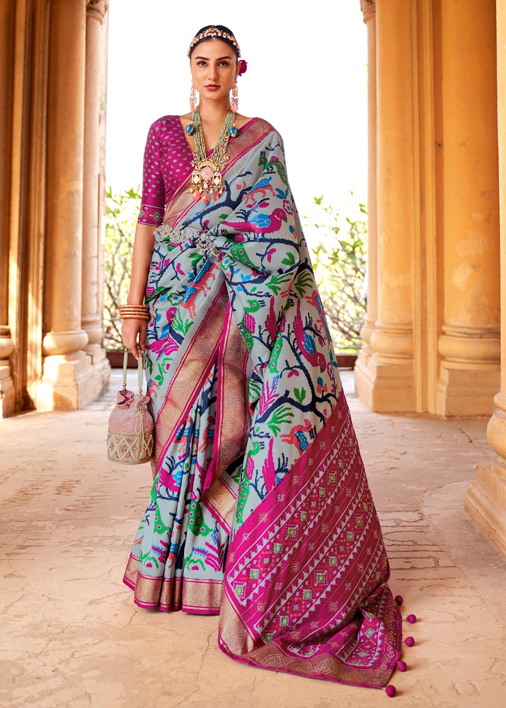 MySilkLove Bombay Grey and Pink Printed Patola Saree