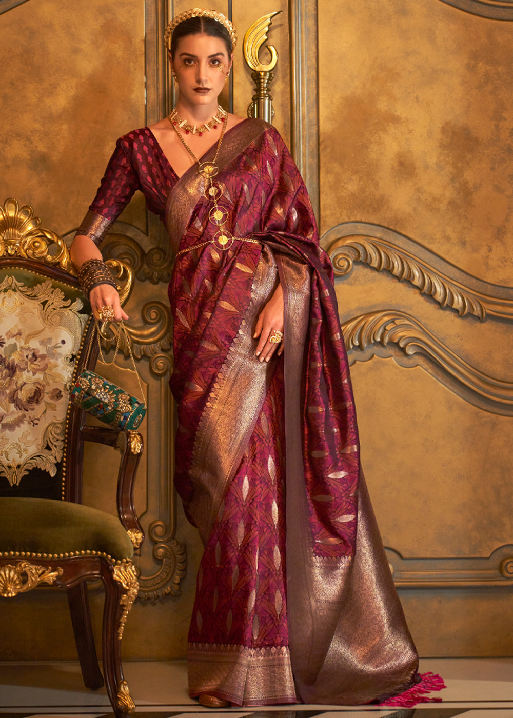 Buy MySilkLove Dark Maroon Banarasi Satin Silk Saree Online
