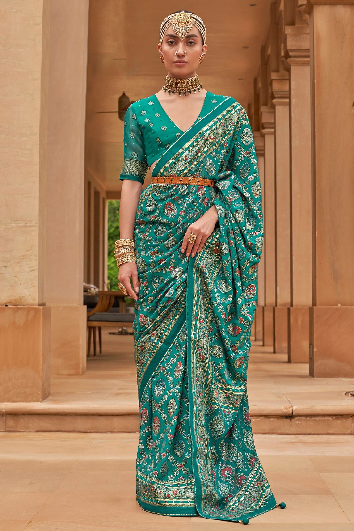 Buy MySilkLove Como Green Brasso Printed Patola Silk Saree Online