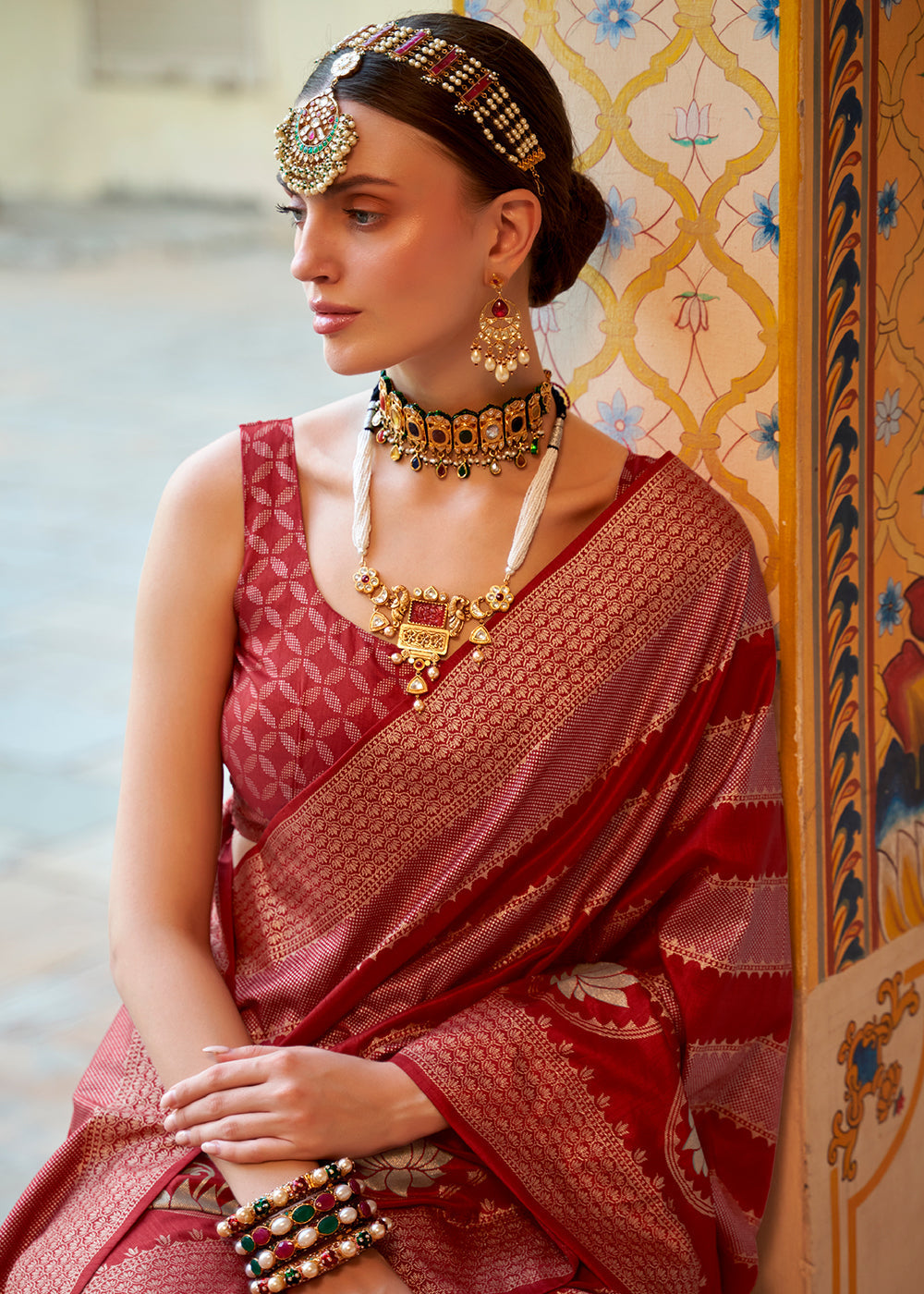 Buy MySilkLove Chestnut Dark Red Zari Woven Banarasi Saree Online