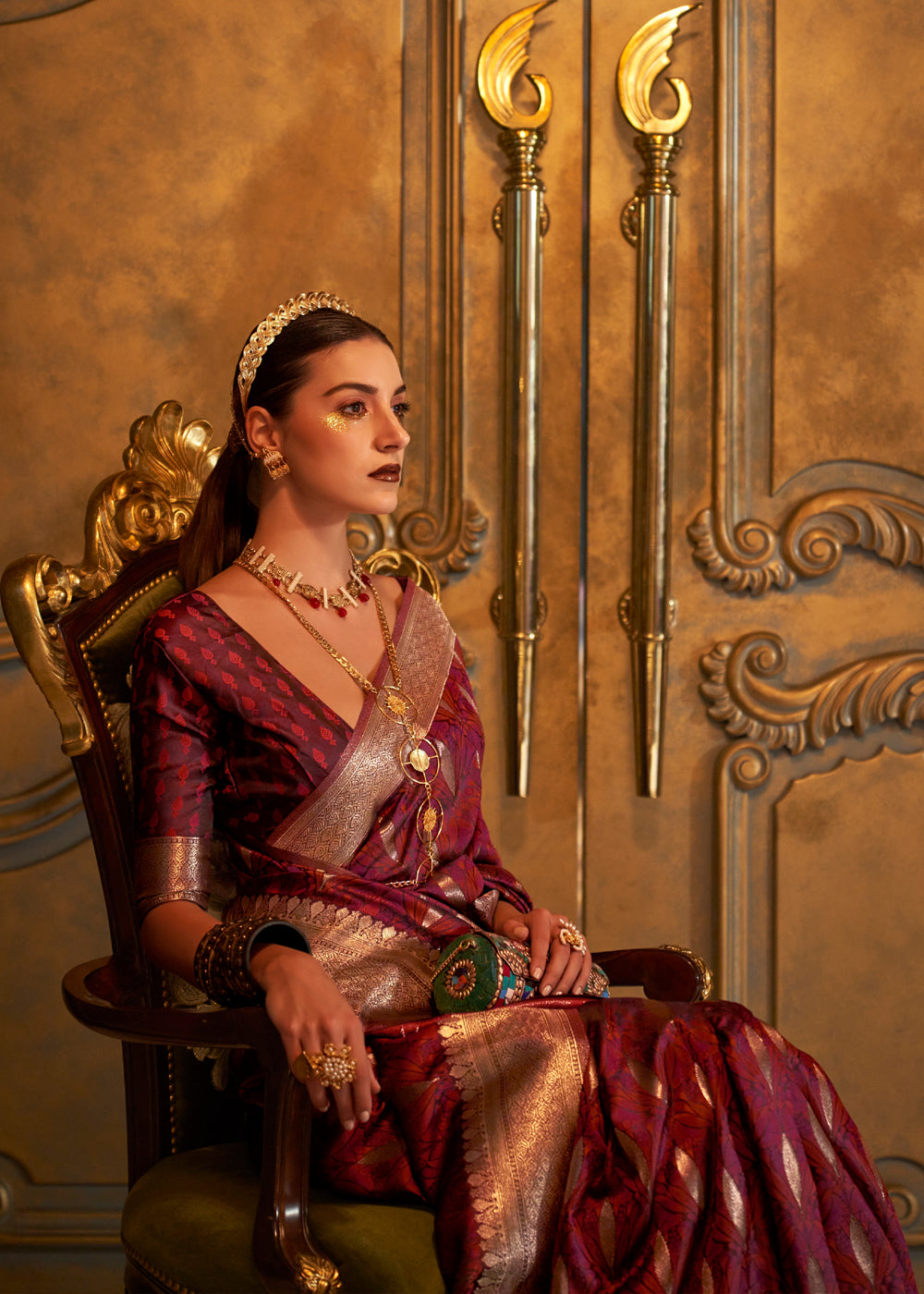 Buy MySilkLove Dark Maroon Banarasi Satin Silk Saree Online
