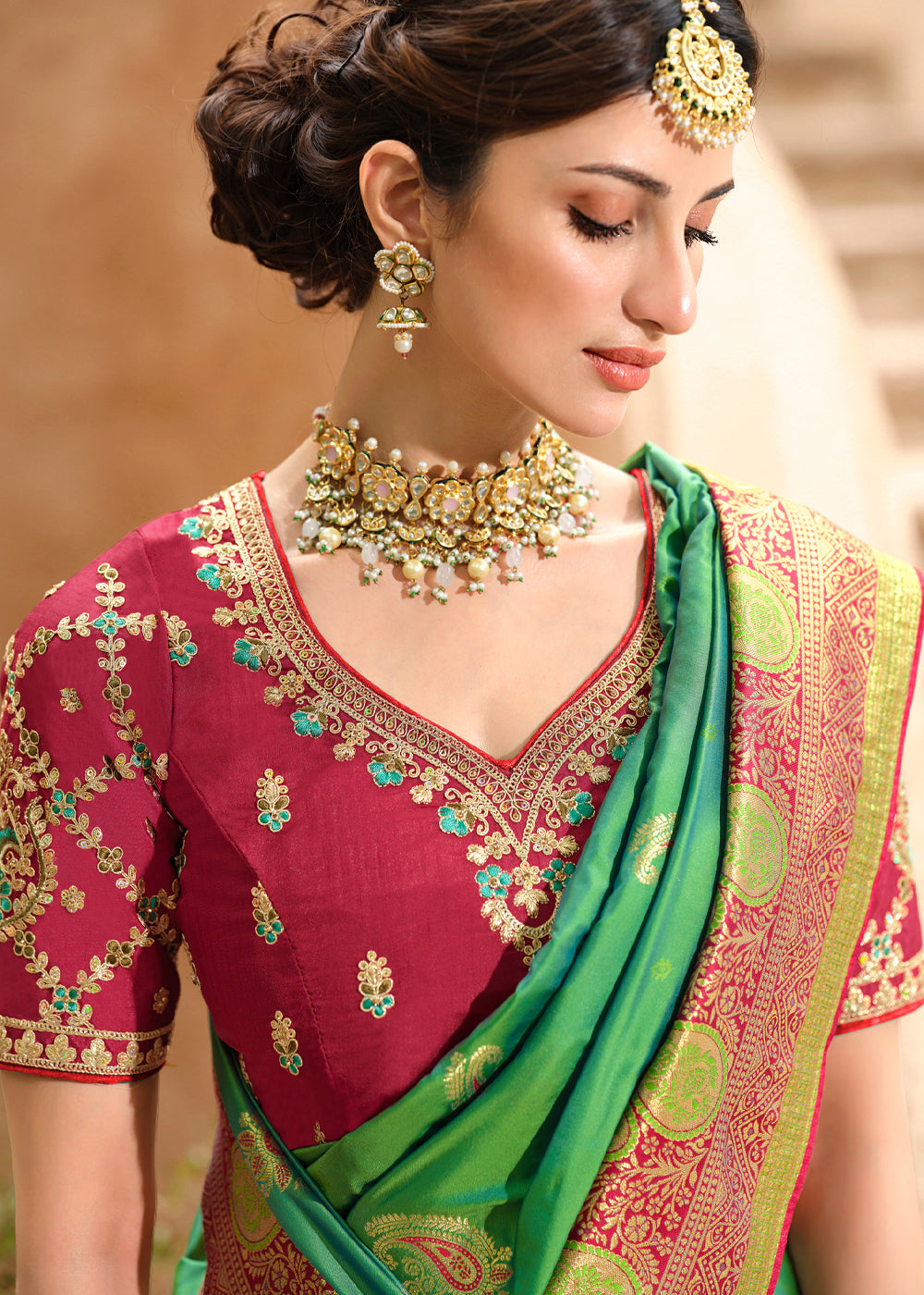 Buy MySilkLove Silver Tree Green and Pink Woven Designer Banarasi Silk Saree Online