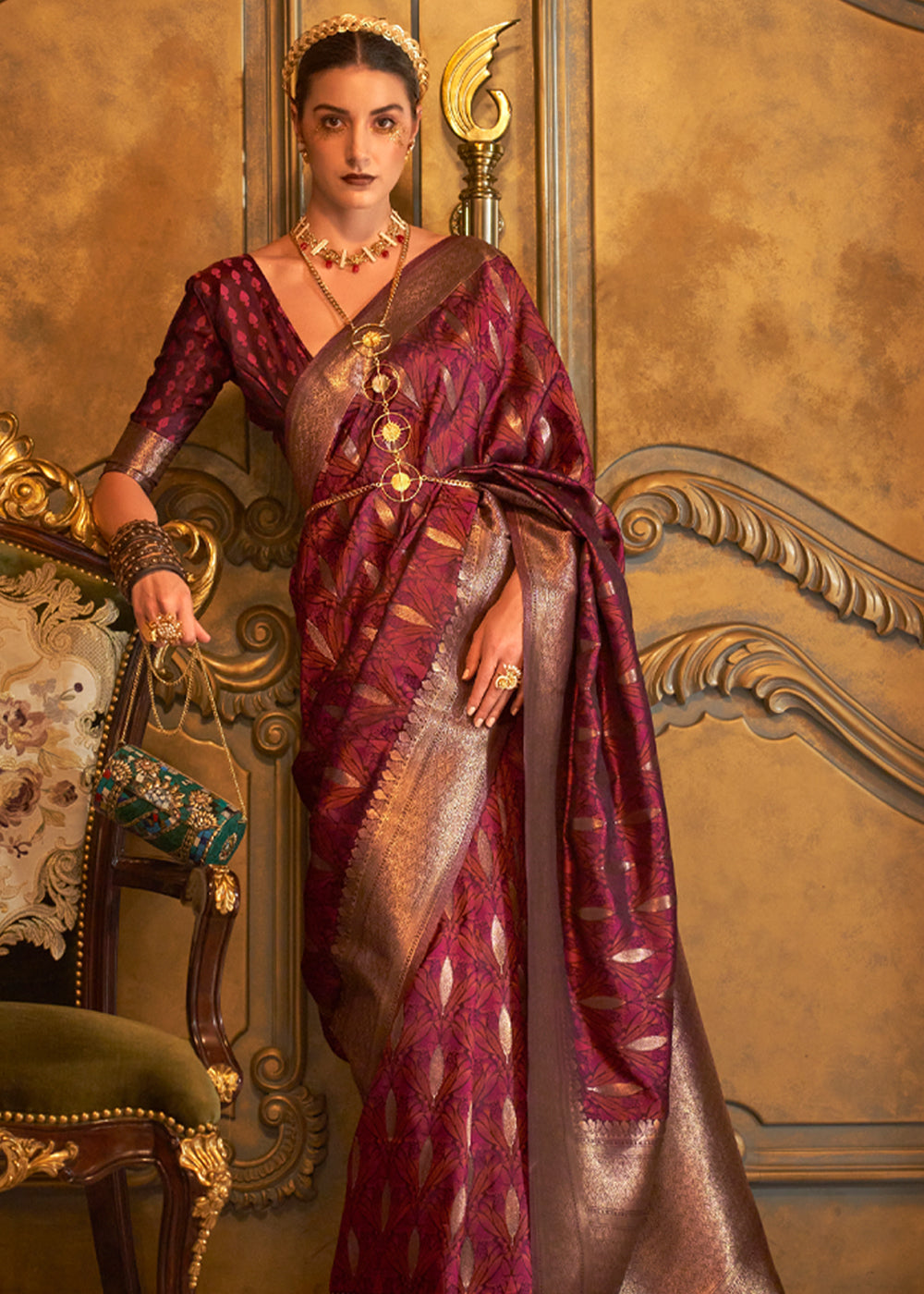 Buy MySilkLove Dark Maroon Banarasi Satin Silk Saree Online