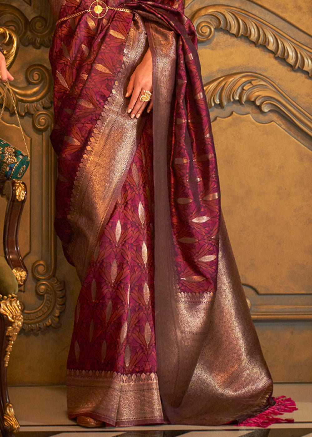 Buy MySilkLove Dark Maroon Banarasi Satin Silk Saree Online