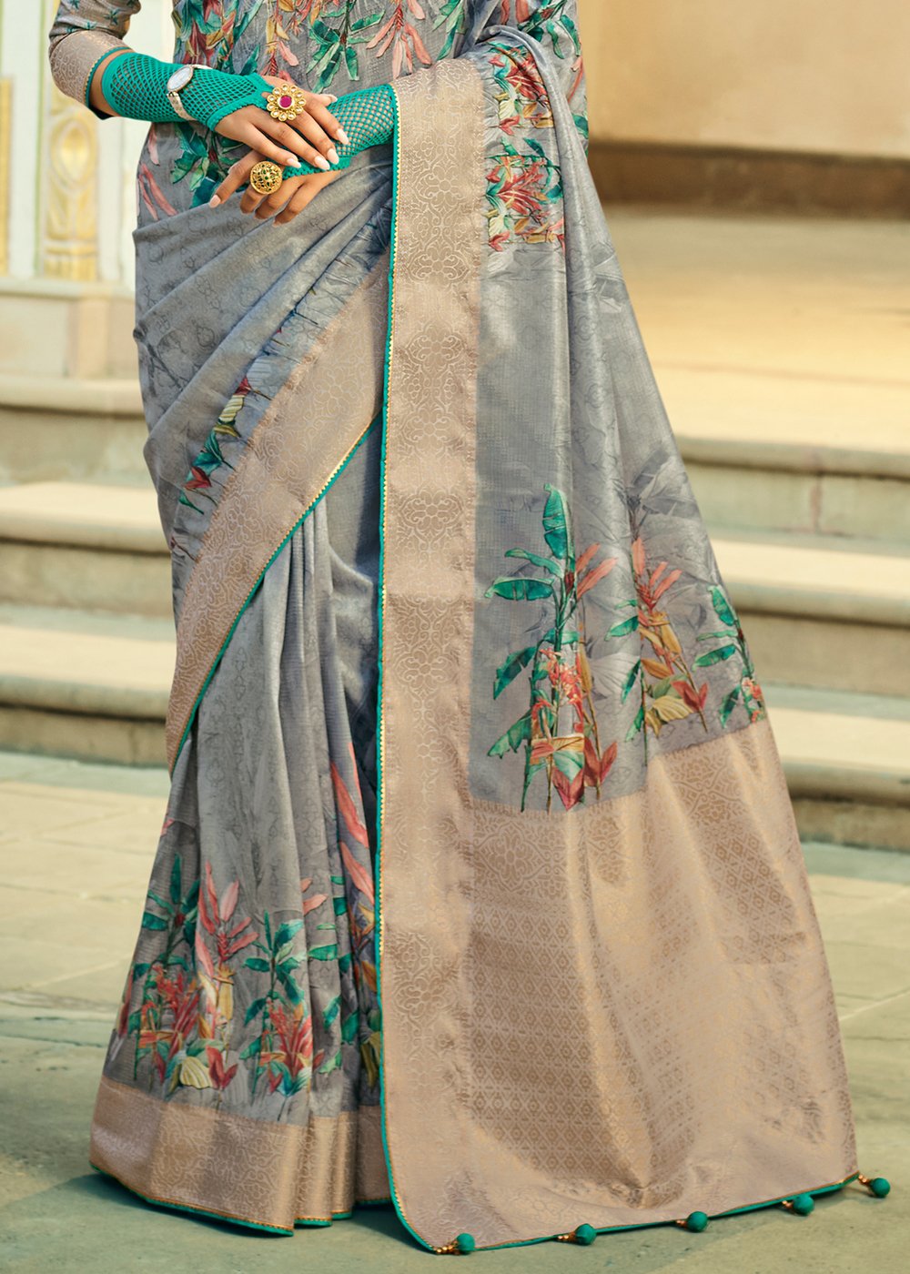 Buy MySilkLove Bitter Grey Handloom woven Saree Online