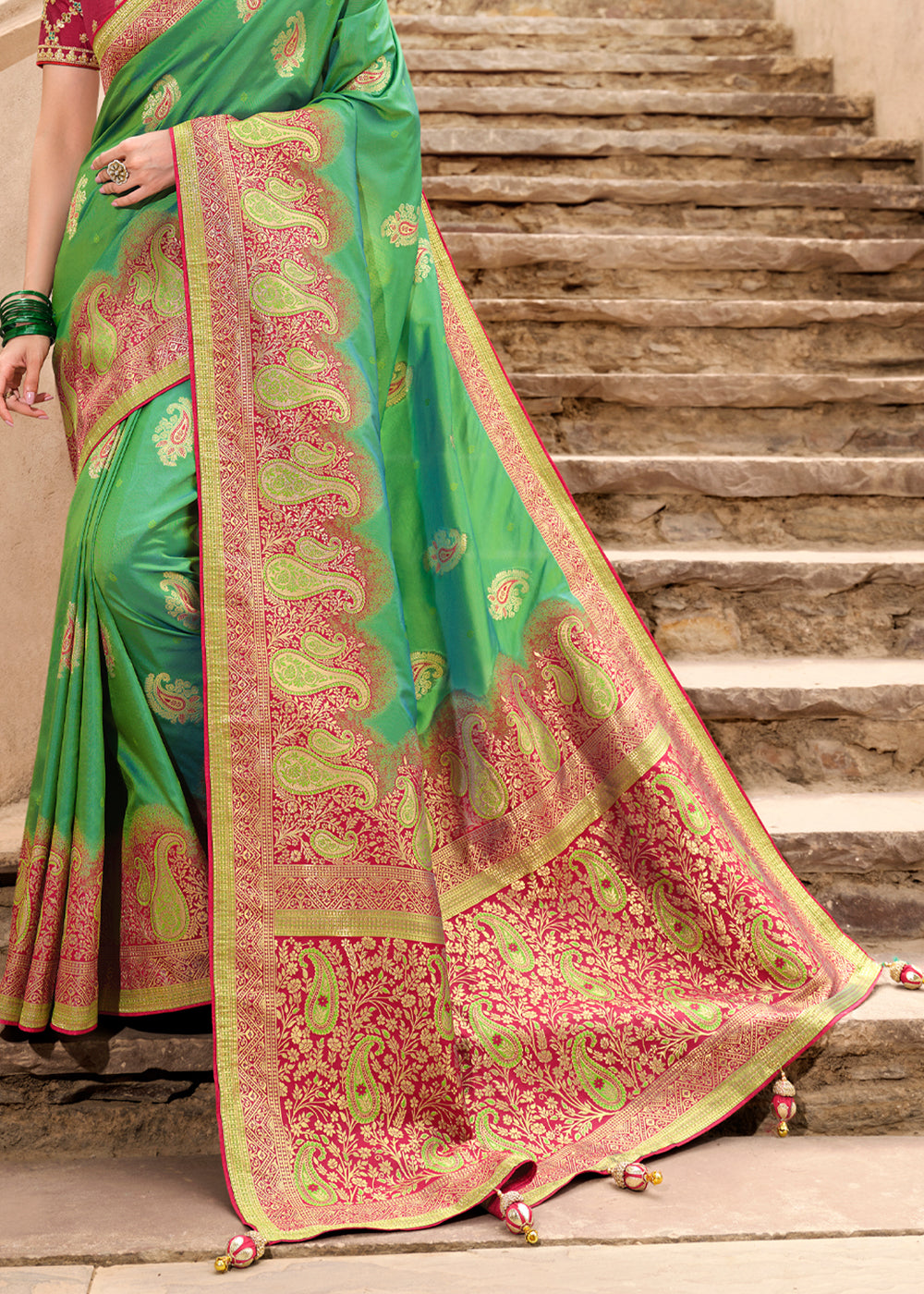 Buy MySilkLove Silver Tree Green and Pink Woven Designer Banarasi Silk Saree Online
