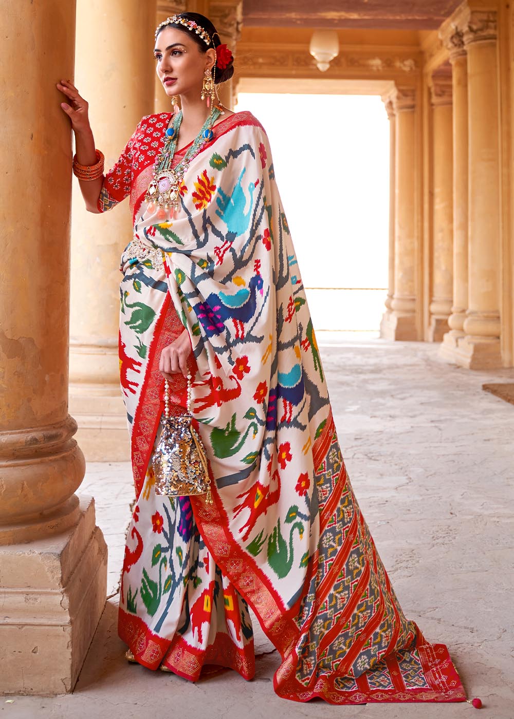 Buy MySilkLove Pearl Bush White and Red Printed Patola Saree Online