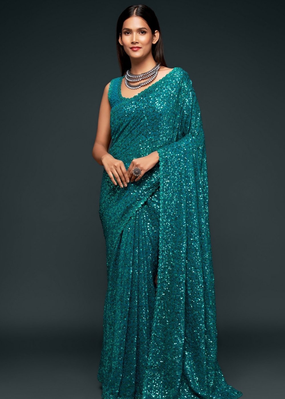 Buy MySilkLove Paradiso Blue Georgette Partywear Saree Online