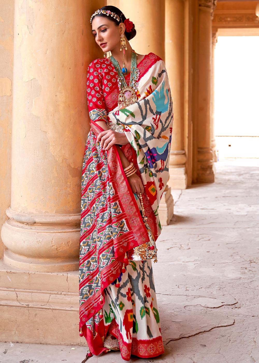 Buy MySilkLove Pearl Bush White and Red Printed Patola Saree Online