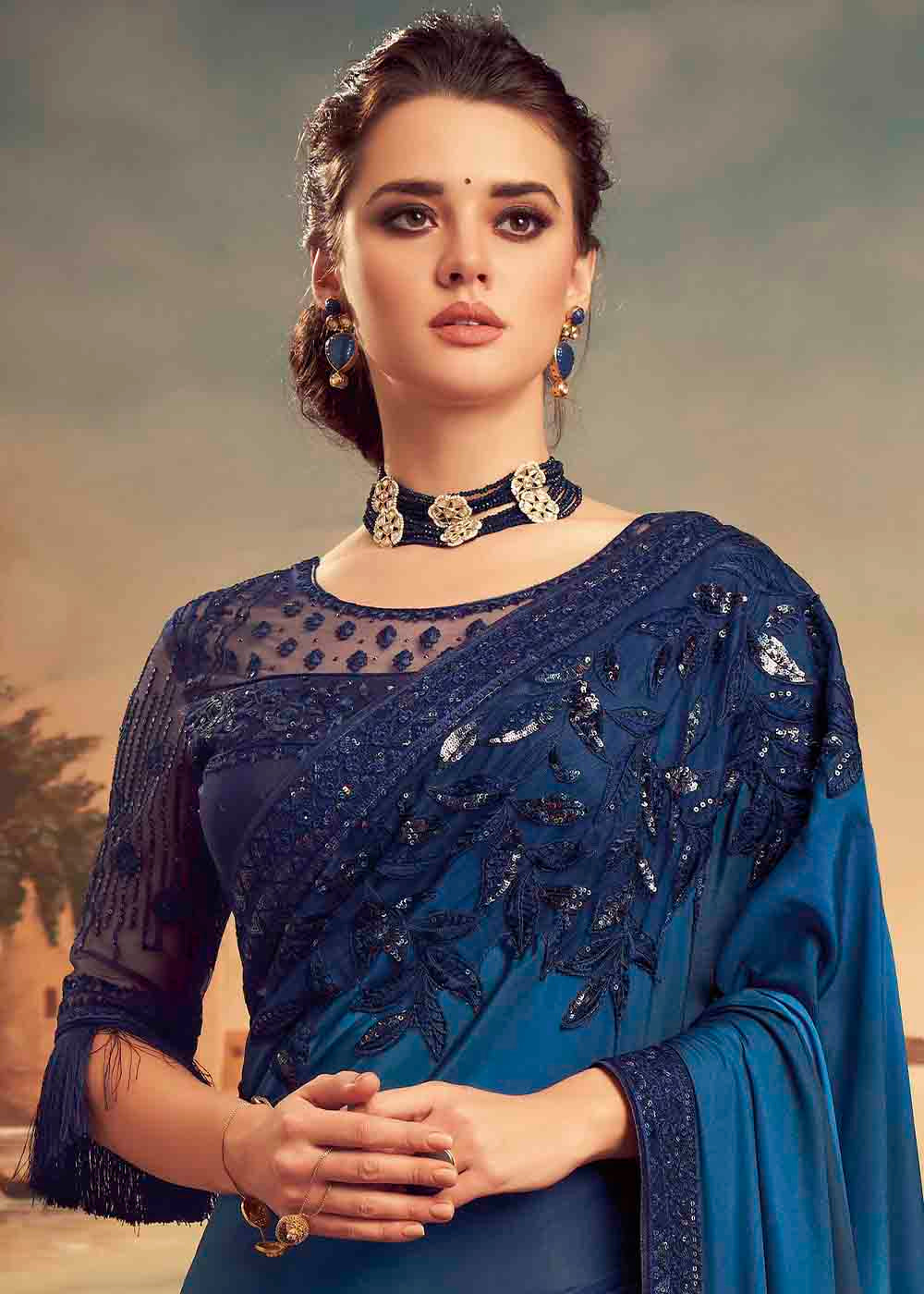 Buy MySilkLove Cello Blue Embroidered Satin Silk Designer Saree Online