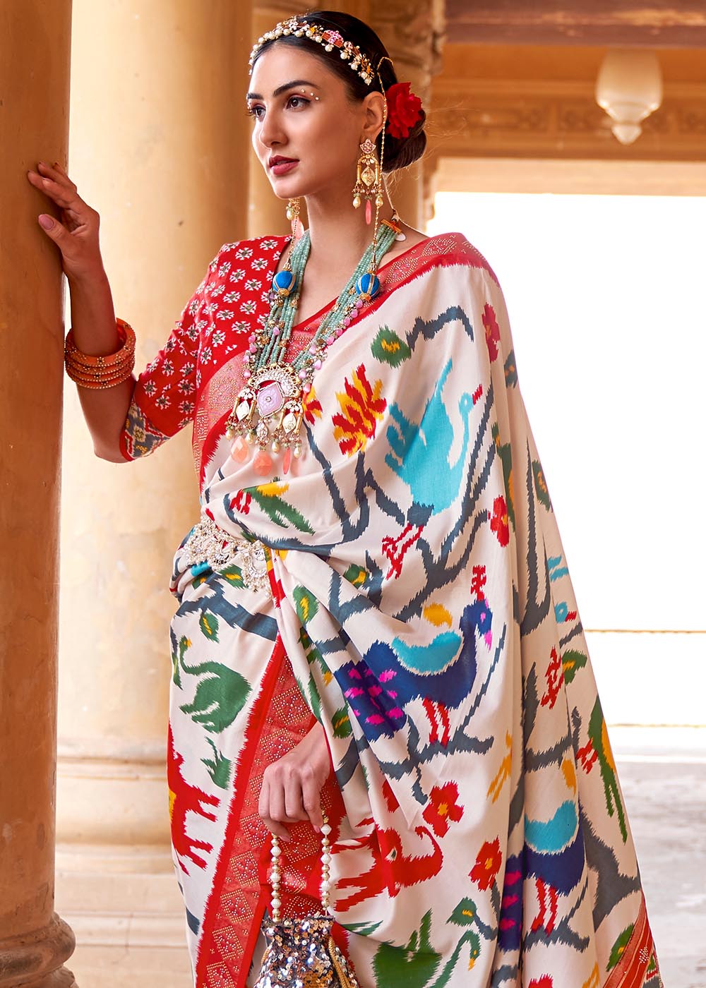 MySilkLove Pearl Bush White and Red Printed Patola Saree