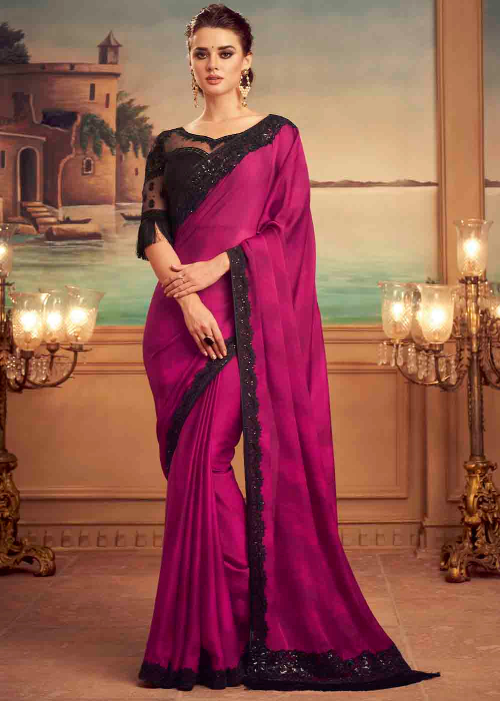 Buy MySilkLove Blush Pink and Black Embroidered Satin Silk Designer Saree Online