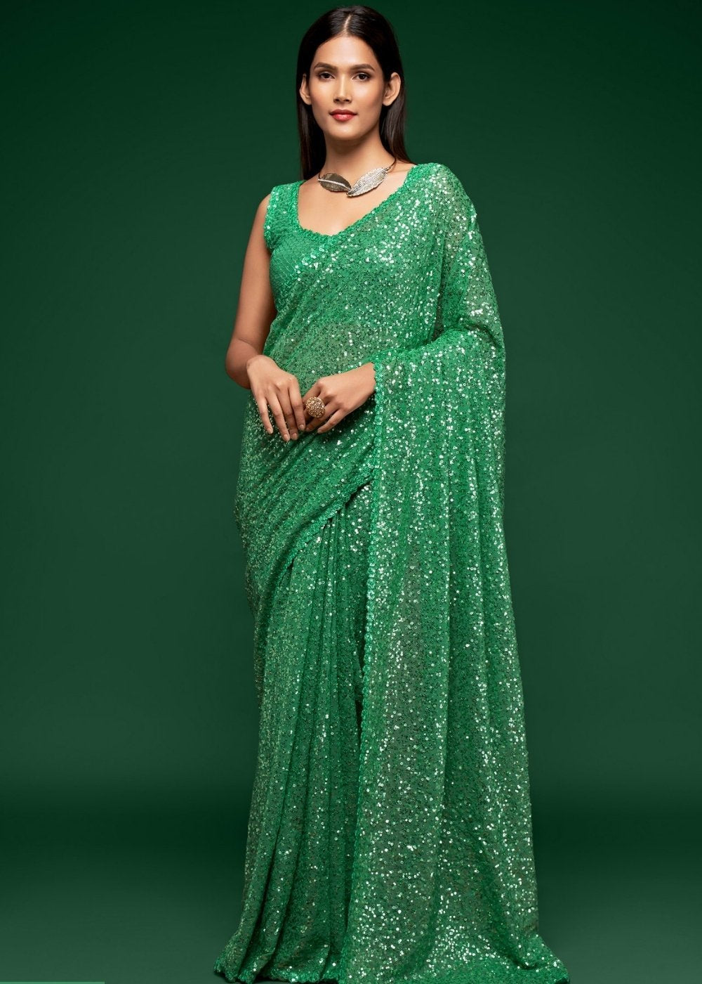 Buy MySilkLove Fruit Green Georgette Partywear Saree Online