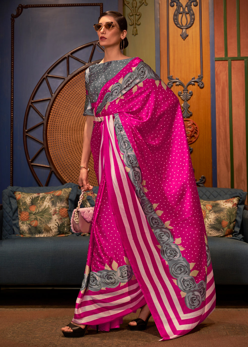 Buy MySilkLove French Pink and Grey Printed Satin Silk Saree Online