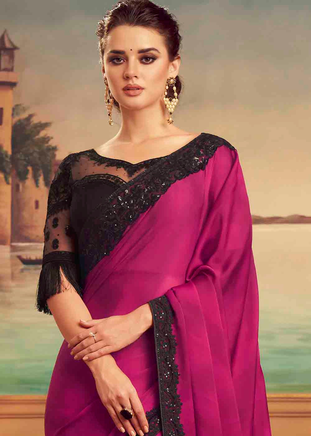 Buy MySilkLove Blush Pink and Black Embroidered Satin Silk Designer Saree Online