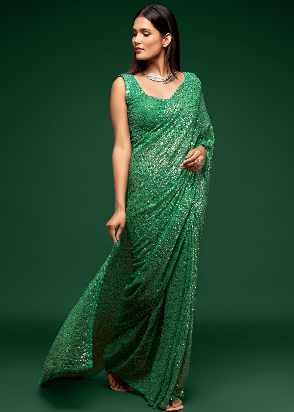 Buy MySilkLove Fruit Green Georgette Partywear Saree Online