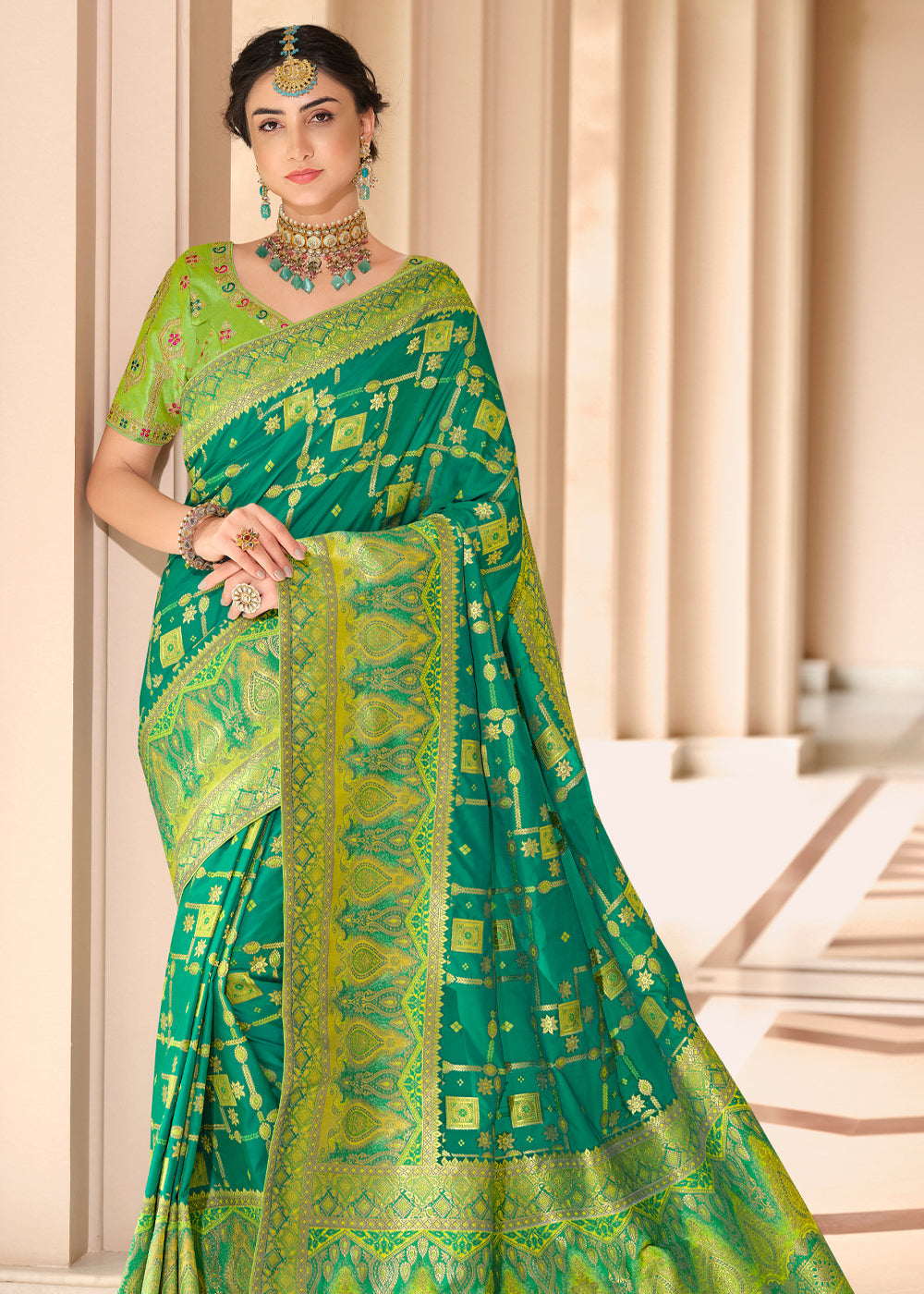 Buy MySilkLove Viridian Green and Light Green Woven Designer Banarasi Silk Saree Online