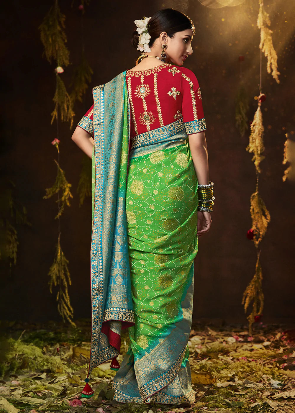 Buy MySilkLove Chelsea Cucumber Green Woven Georgette Designer Saree with Embroidered Blouse Online