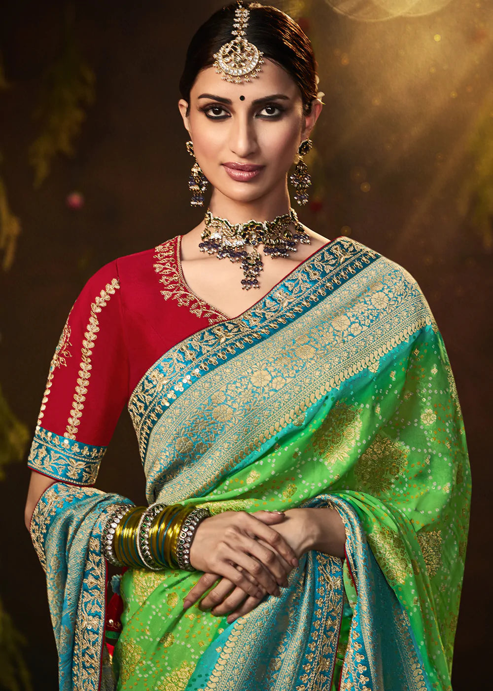 Buy MySilkLove Chelsea Cucumber Green Woven Georgette Designer Saree with Embroidered Blouse Online