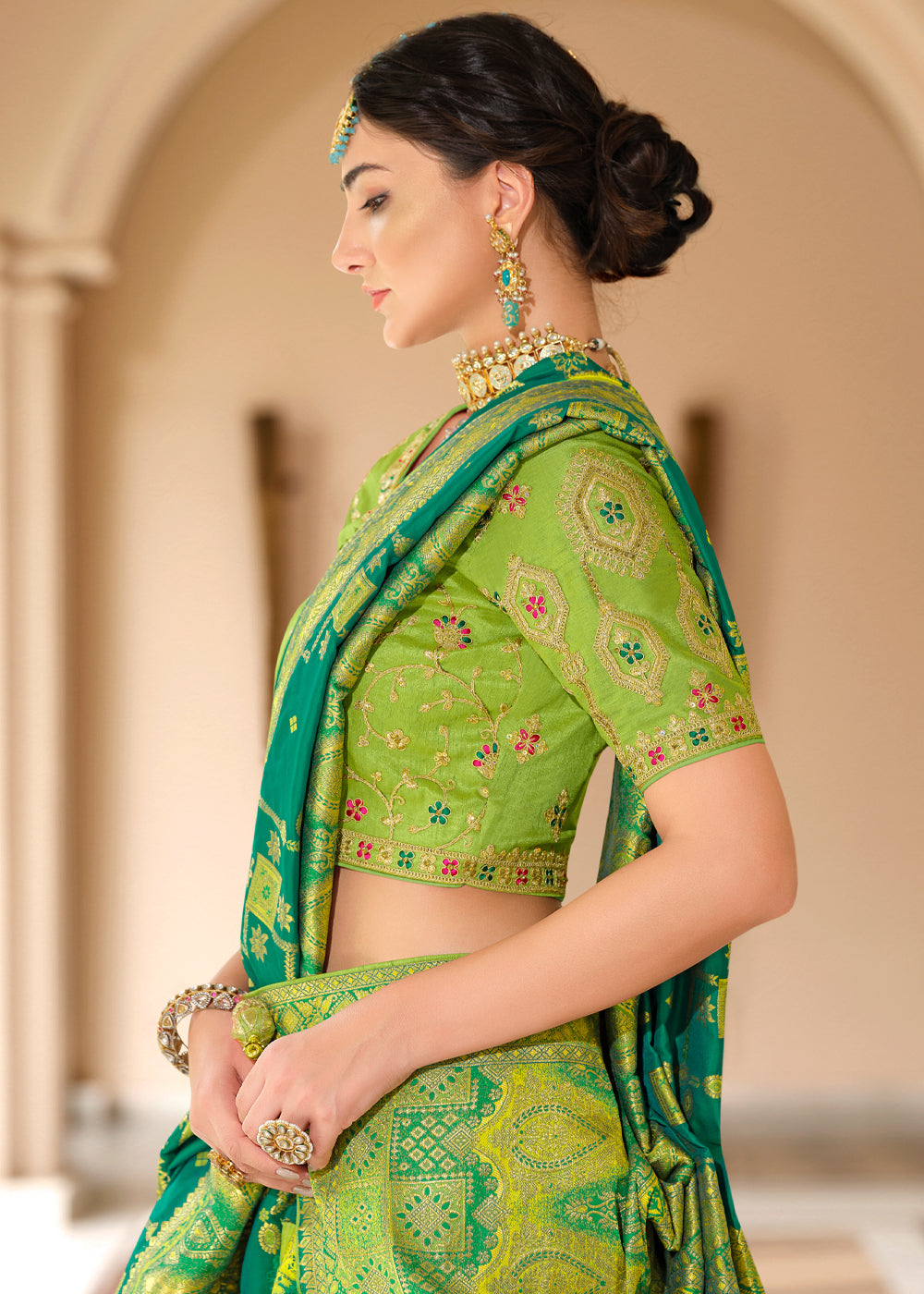 Buy MySilkLove Viridian Green and Light Green Woven Designer Banarasi Silk Saree Online