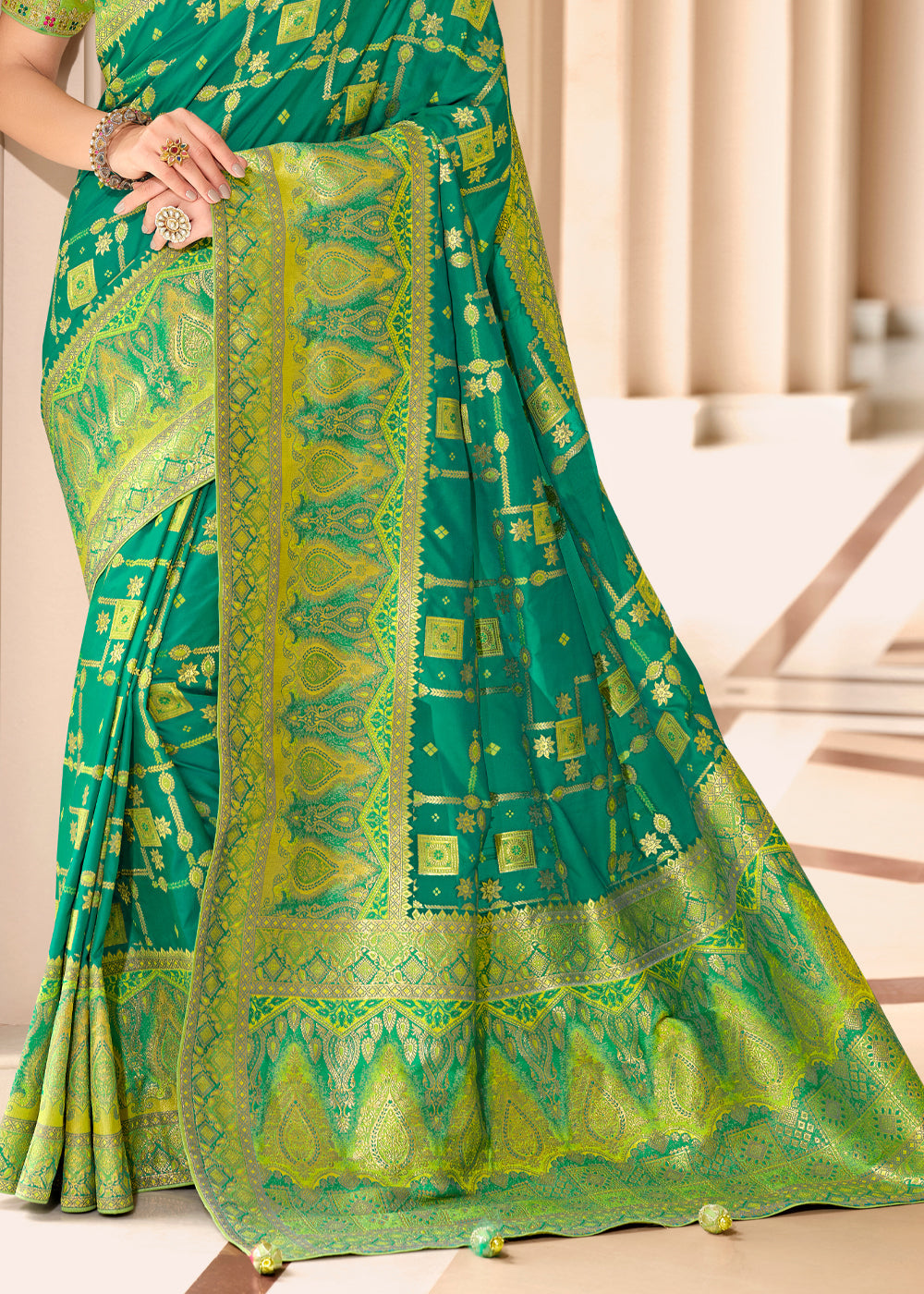 Buy MySilkLove Viridian Green and Light Green Woven Designer Banarasi Silk Saree Online