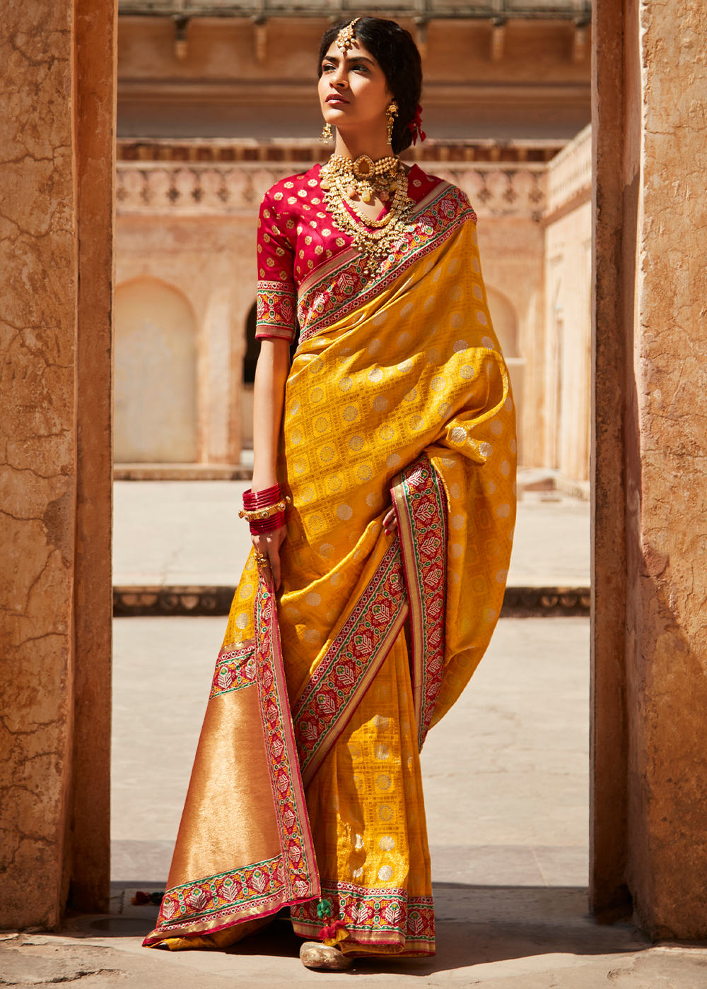 Buy MySilkLove Golden Yellow and Red Zari Woven Designer Banarasi Saree Online