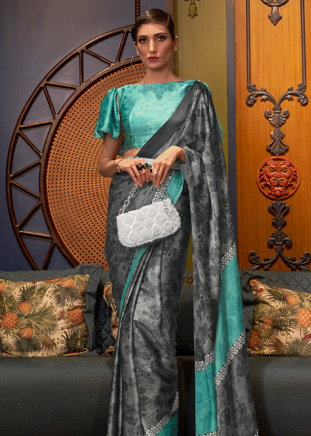 Buy MySilkLove Smoke Grey and Blue Printed Satin Silk Saree Online